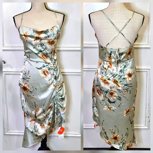 Cider Green Satin Multicolor Floral  Asymmetrical Midi Slip Dress,Medium,NWT - Picture 3 of 16